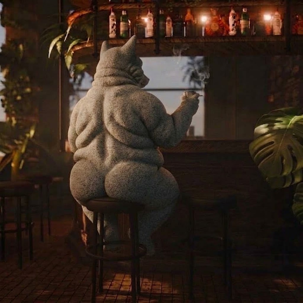 The dog from behind on a bar stool, cigarette in hand.